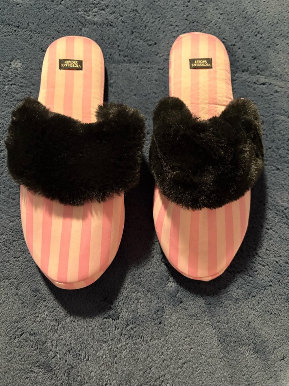 Victoria's Secret Pink Striped Faux-Fur Slide Slippers